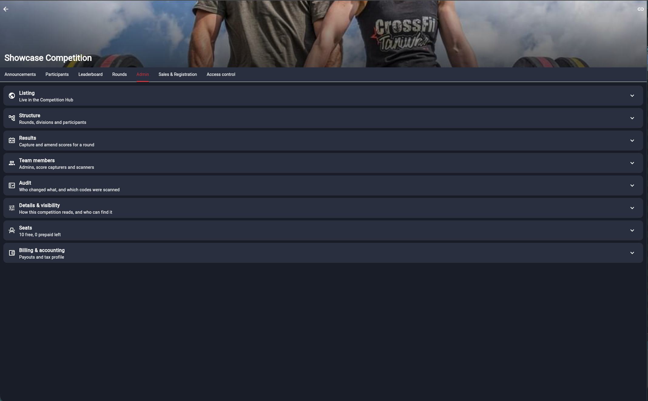 Organiser admin panel showing listing, structure, results, team members, audit, seats and billing